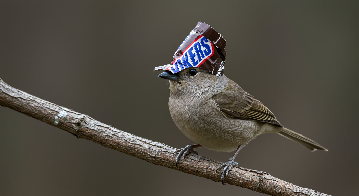 Pták uvězněný v obalu od Snickers